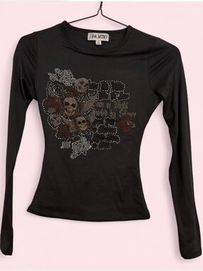 J for Justify Black Long-Sleeve Rhinestone Skull & Rose Graphic Tee